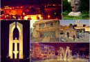 Колаж със забележителности на Раднево – градът нощем, Археологическият музей „Марица-Изток“ и паметникът на св. Иван Рилски