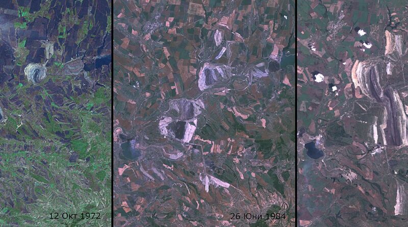 Три сателитни снимки на района на рудниците „Марица-изток“ от 1972, 1984 и 2010 г., на които се вижда разширяването на изкопите