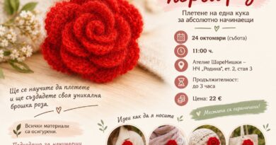 Плетена на една кука червена роза – плакат на работилницата „Моята първа роза“ в Читалище „Родина“